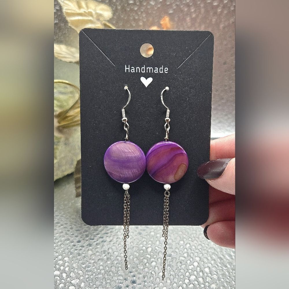 "5/$25" Artisan Crafted Purlple Shell Chain Drop Dangle Earrings 925 Ear Wires